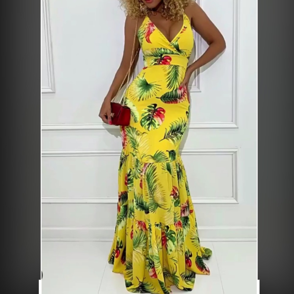 Yellow floral maxi dress adjustable strap size L